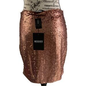 Y2K Futuristic Sequin Bodycon Mini Skirt Women's Size 6 Rose Gold Side Zip NEW